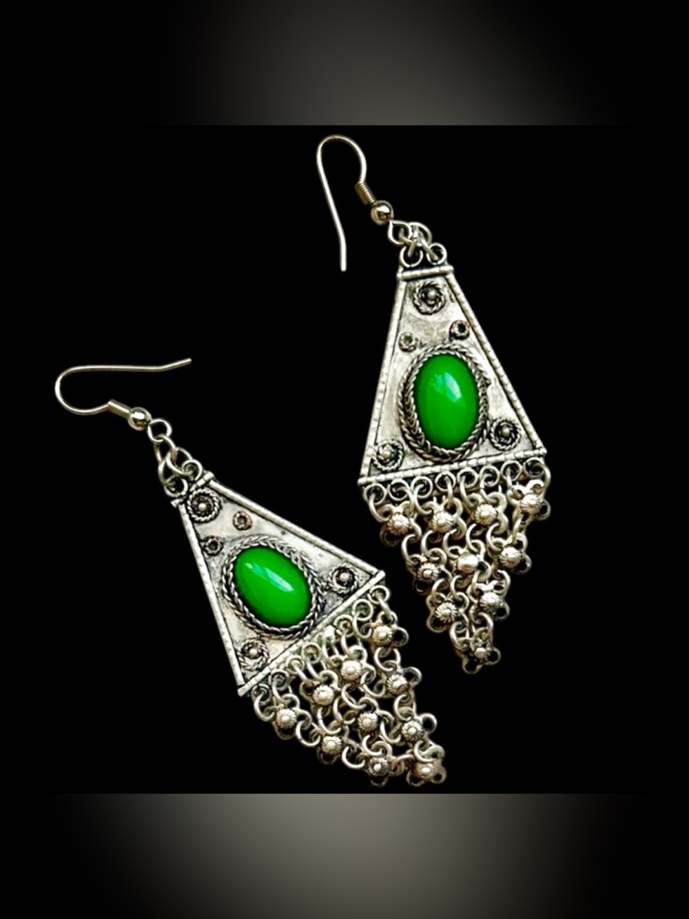 70s Sterling Silver Lime Green Turquoise Boho Chandelier Statement Earrings
